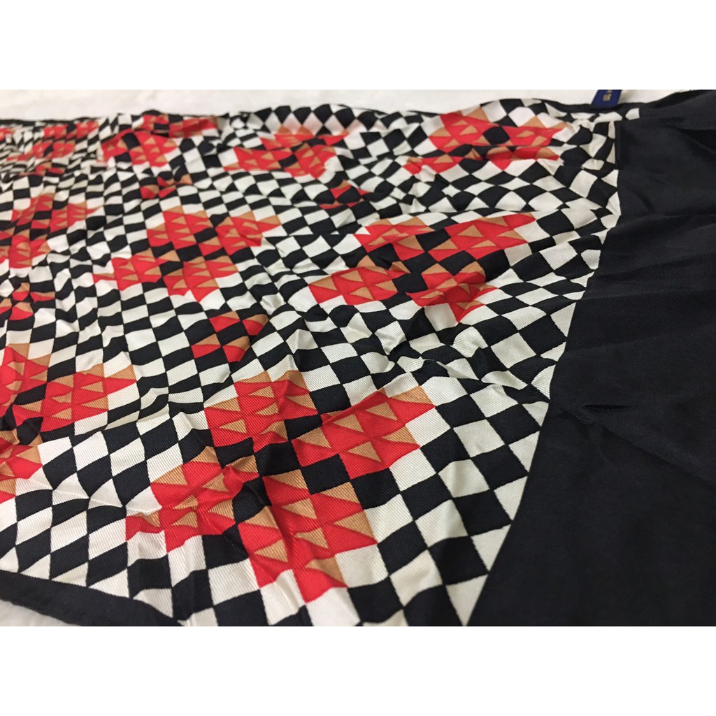 （二手）日本製 黑白方格幾何圖形圖樣長條絲巾 絲質圍巾