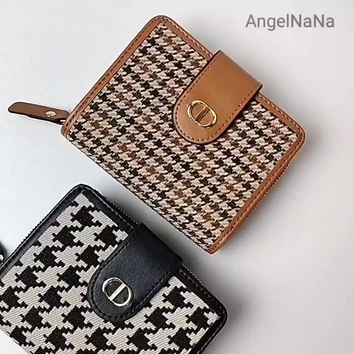 【AngelNaNa】帆布短夾-高質感復古千鳥紋格多卡格子風琴零錢包女皮夾(SMA0335)