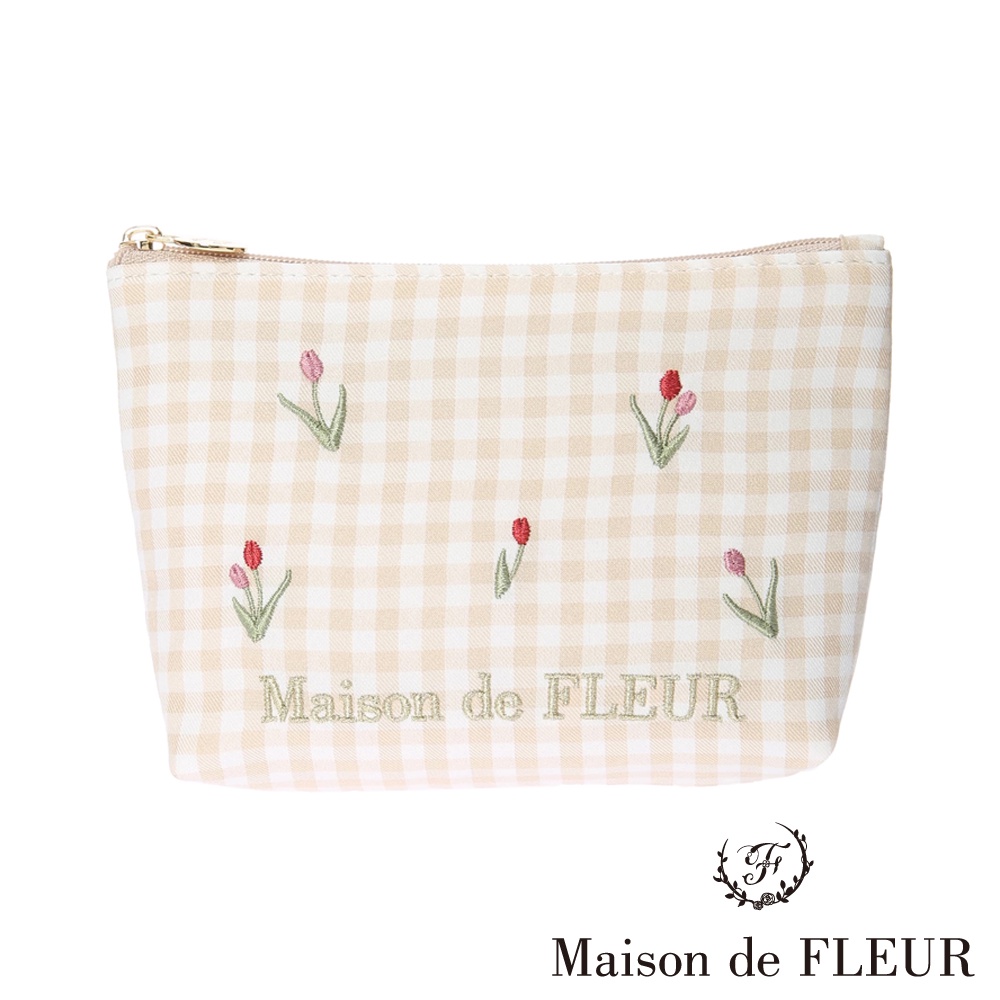 Maison de FLEUR 鬱金香刺繡方格手拿包(8A21FJJ3400)