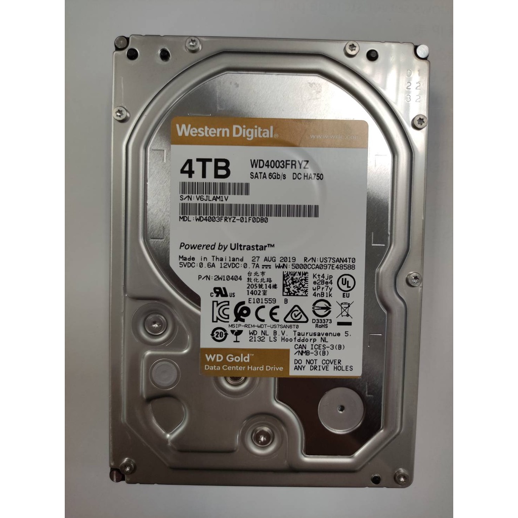 WD WD4003FRYZ 金標硬碟 SATA 4TB 3.5吋 原廠保固至2024/10/04