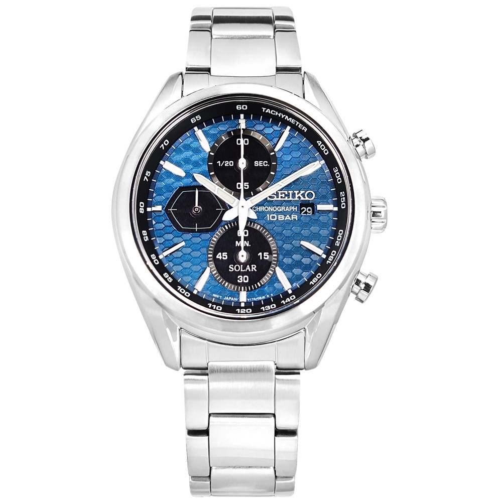 SEIKO 精工 / 太陽能 三眼計時 日期 防水100米 不鏽鋼手錶 藍色 / V176-0BH0B / 41mm