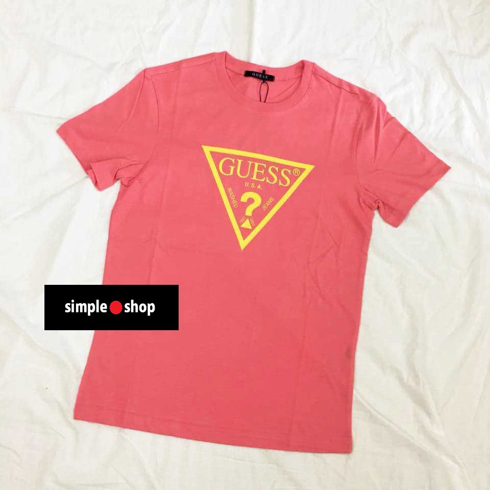 【Simple Shop】GUESS 經典倒三角 大LOGO 短T GUESS短袖 GUESS倒三角 粉紅 黃底