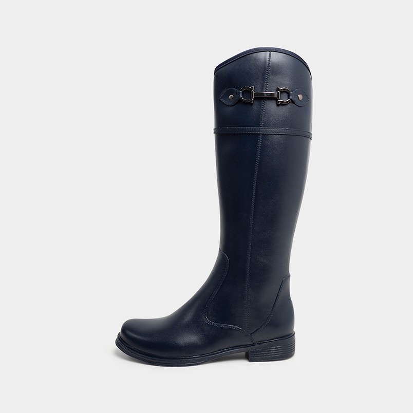 R&amp;BB雨鞋雨靴-時尚極簡100%防水推薦 皮感個性V口拉鍊顯瘦平底低跟馬靴-深藍