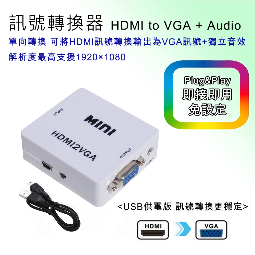 PC-23 台廠安格晶片 HDMI 轉 VGA 影音訊號轉換器 附USB供電線 支援3.5mm音效外接 高清畫質