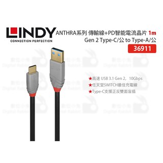數位小兔【LINDY ANTHRA系列 USB 3.1 Gen 2 Type-C/公 to Type-A/公 1m】林帝