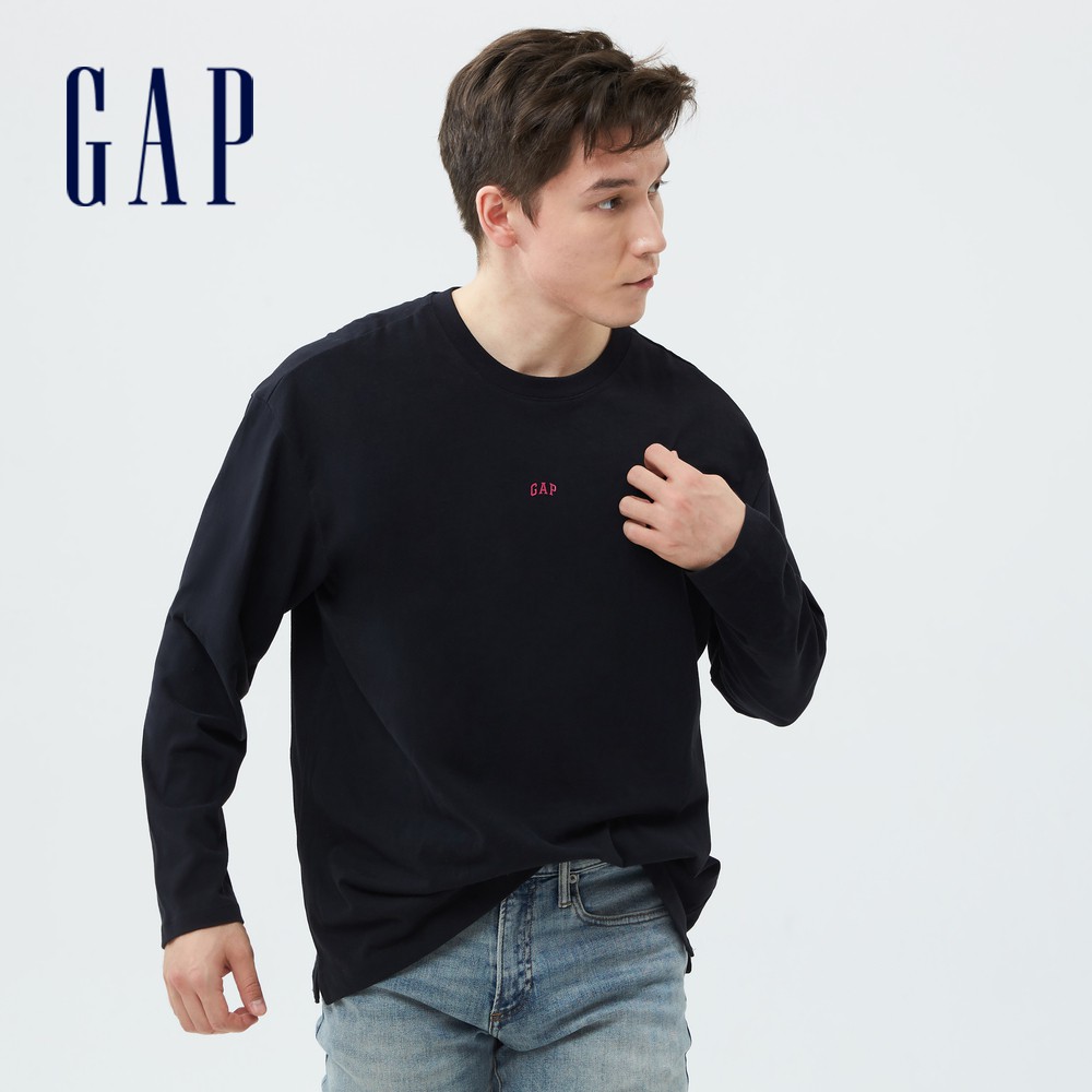 Gap 男裝 Logo長袖T恤 厚磅密織碳素軟磨系列-黑色(739738)