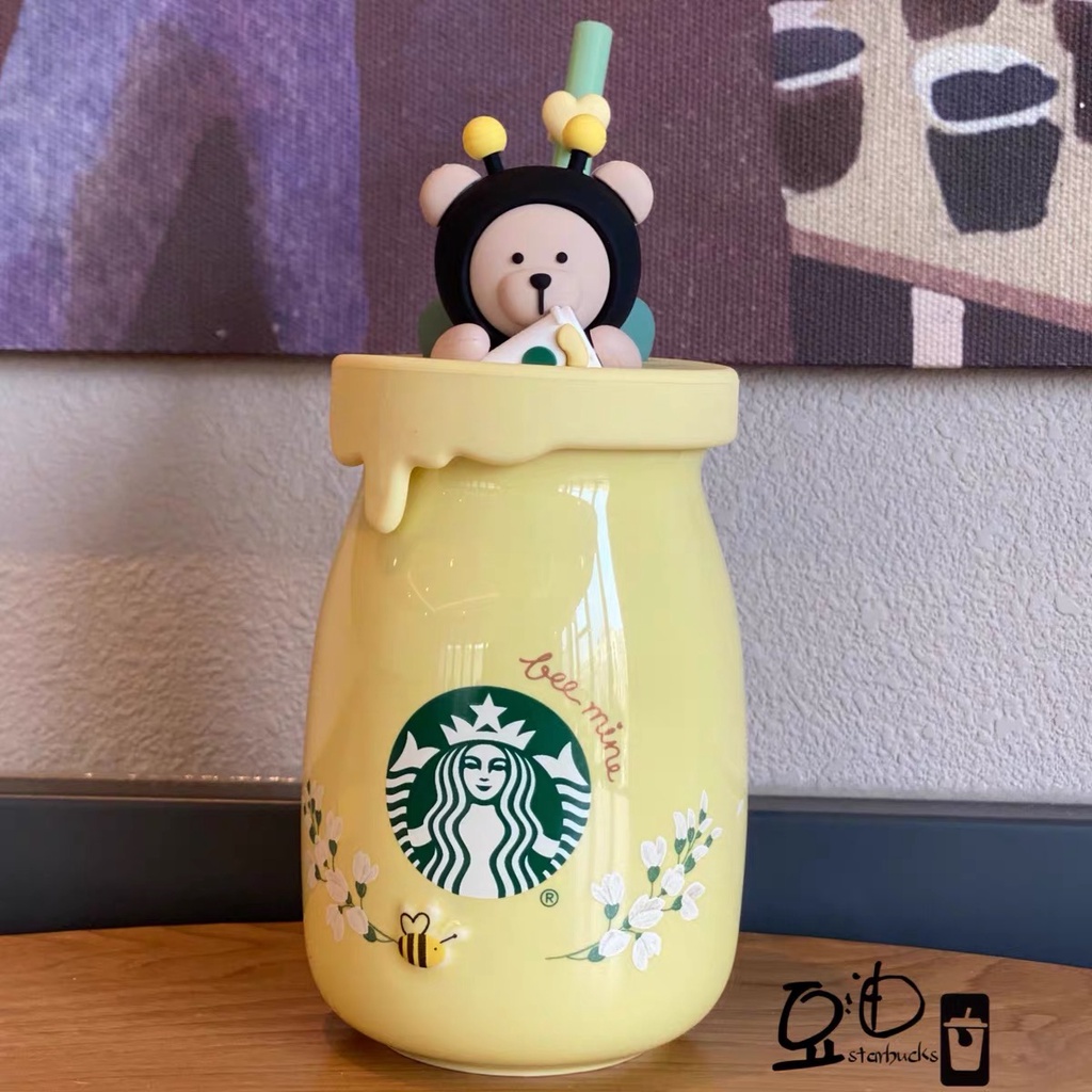 Starbucks官方正品！星巴克情人節禮物蜜蜂小熊熊愛心款牛奶罐造型陶瓷吸管杯子果汁珍奶茶奶昔茶水咖啡杯320ml