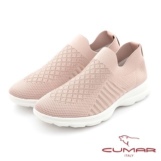 【CUMAR】簡約鑽飾飛織布彈力舒壓休閒鞋 - 粉紅色