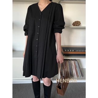 [現貨]韓國洋裝 韓國代購 短洋裝 長袖洋裝 黑色