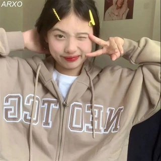 ARXO 女生外套2022秋冬新款美式復古字母刺繡長袖連帽衛衣情侶寬松上衣潮閨蜜
