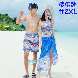 mama小舖/加大2XL韓版情侶款(女三件式+男泳褲)波希米亞浪漫水洗色3件式套裙泳衣/民俗風花圖騰情侶泳裝情侶泳衣