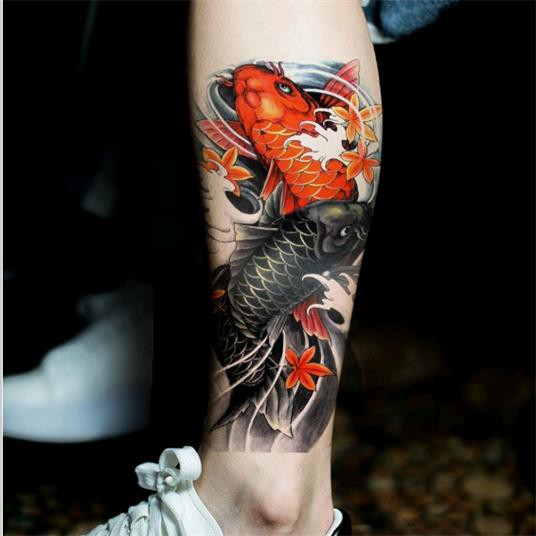 紅黑雙鯉魚大花臂紋身貼男女浪花手臂持久小腿仿真刺青招財錦鯉魚 蝦皮購物