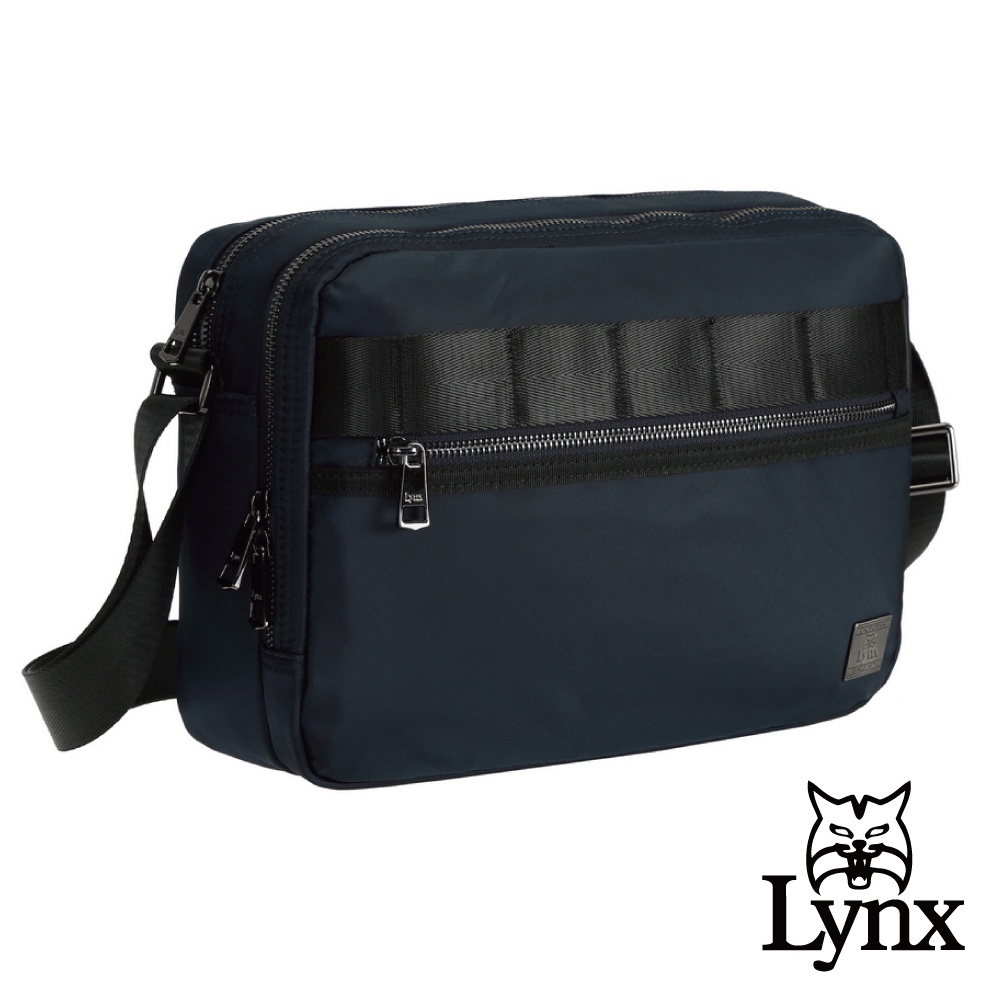 【Lynx】美國山貓輕量防潑水斜紋尼龍布包 多隔層機能 橫式側背包 藍色 LY39-6604-39