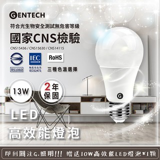 【現貨】臺灣品牌 GENTECH【專屬燈光設計師】13W LED晶靚燈泡 PLUS 高亮度 無藍光 柔光護眼 CNS認證