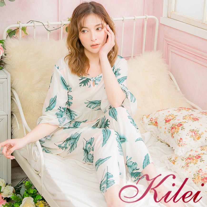 【Kilei】滿版植物荷葉五分袖二件式睡衣組XA4016(個性淺淺綠)全尺碼