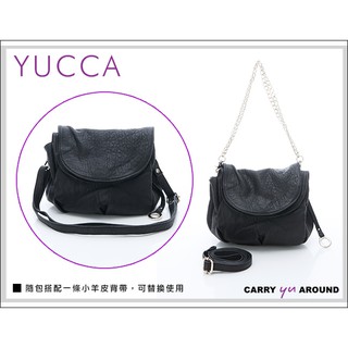 【99%新】Tree Hous百貨專櫃 YUCCA 水洗真皮羊皮輕巧小包/馬鞍包/半月型包/小包/真皮包-黑色