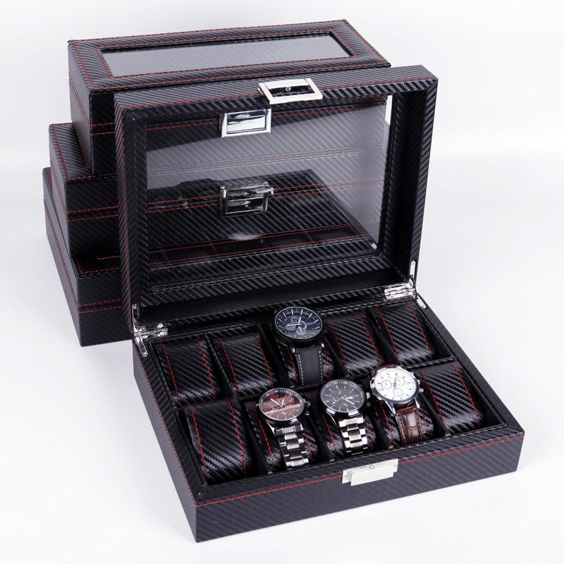 碳纖維PU皮革12位10位6位5位手錶盒高檔首飾收納箱包裝盒