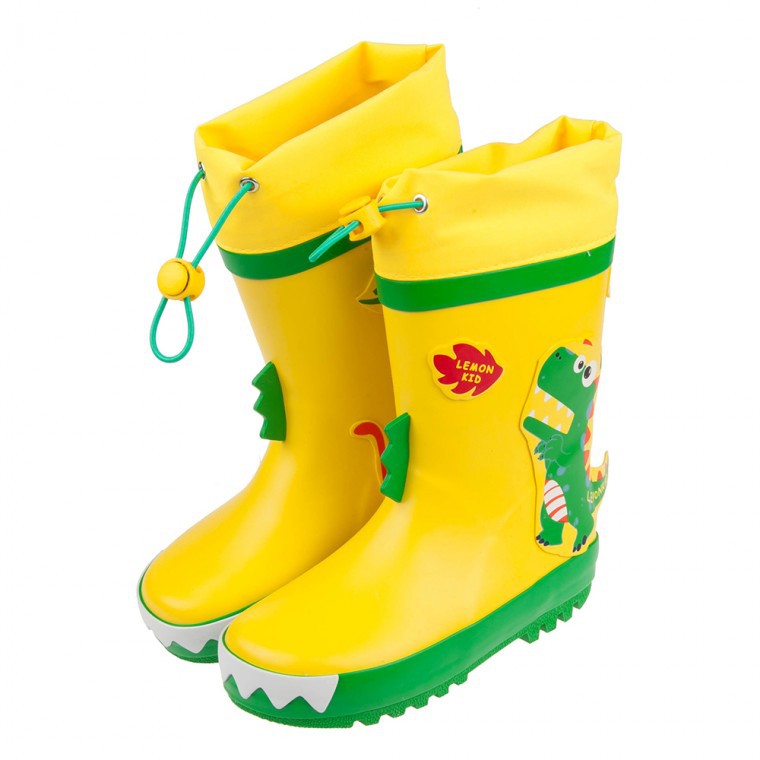 [兒童雨鞋](適合腳長14~17公分)3D立體恐龍亮彩黃色束口款兒童橡膠雨鞋