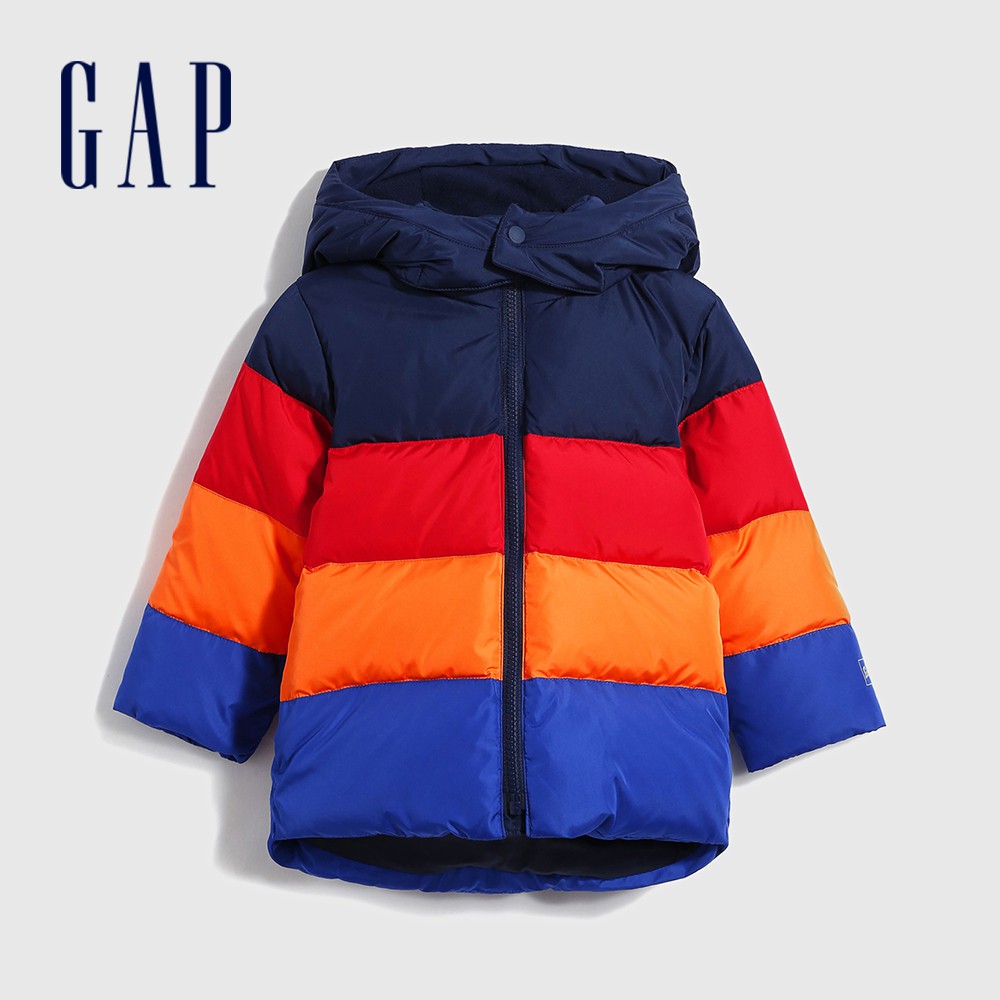 Gap 男幼童裝 彩色條紋式連帽羽絨外套-彩色拼接(593086)