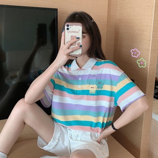 夏季新款韓版寬鬆百搭甜美學院風條紋短袖t恤Polo衫女學生上衣