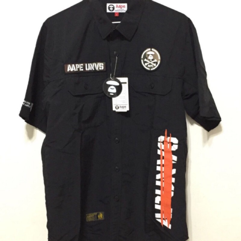 全新 ～ AAPE 黑色迷彩貼布短袖襯衫 ～ size:L