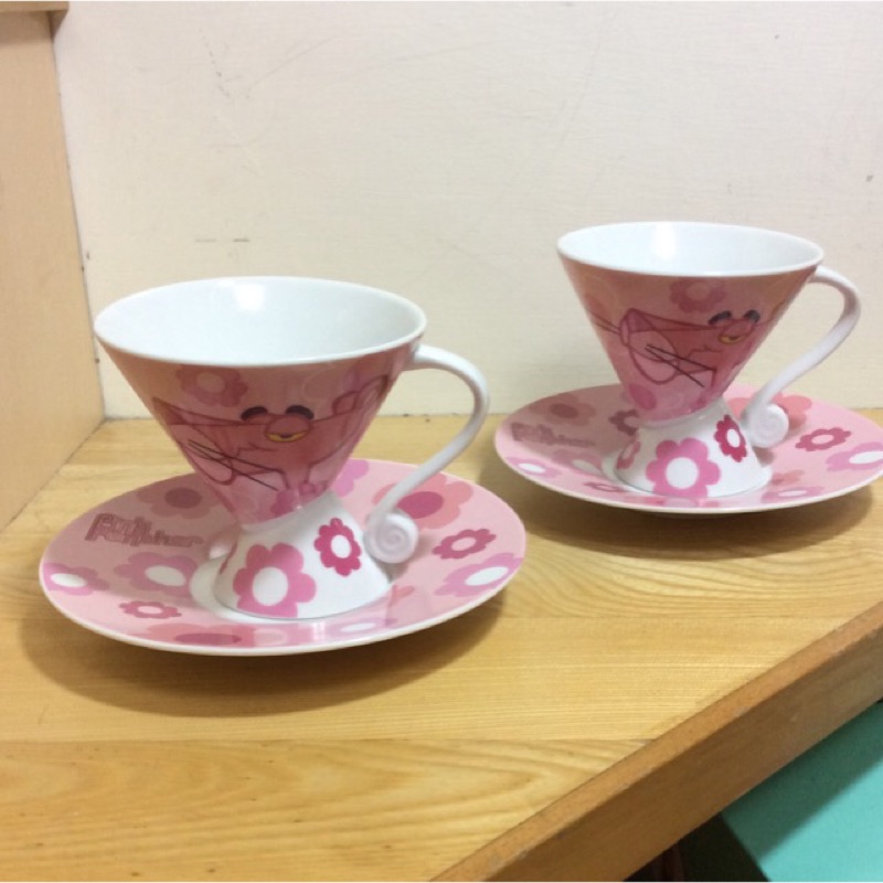 Pink panther頑皮豹粉紅色小花圖案咖啡杯盤組