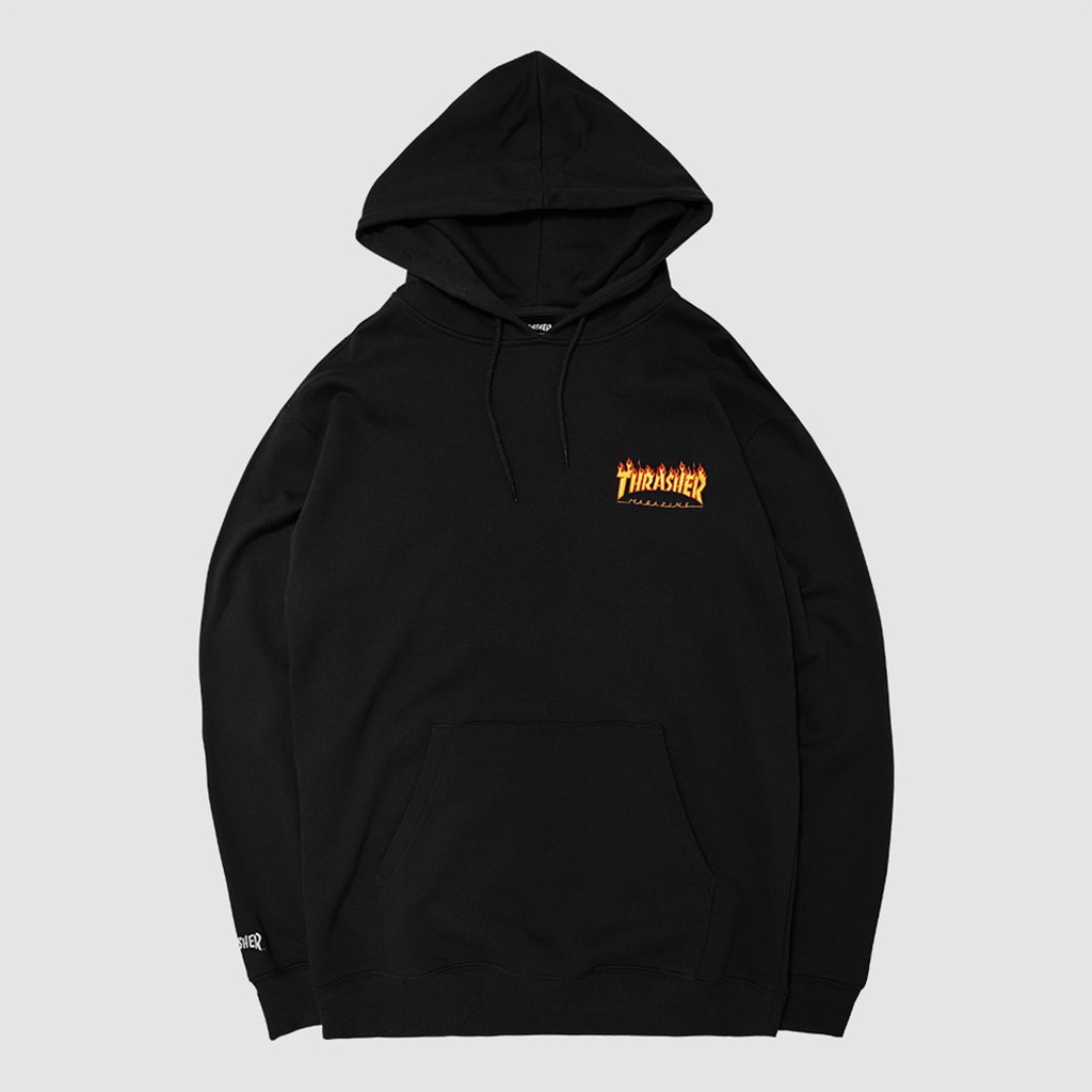 【QUEST】現貨 日線 THRASHER EMBROIDERED FLAME HOODIE 電繡 寬鬆 帽T 黑色