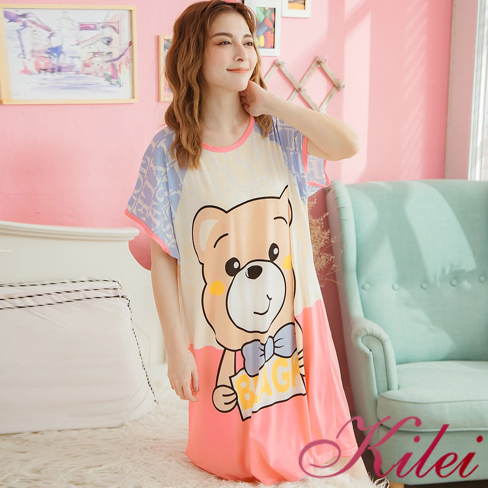 【Kilei】元氣Q版熊撞色牛奶絲短袖連身裙睡衣XA3673-01(微笑藍)大尺碼