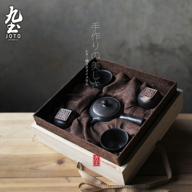 九土日式茶道粗陶一壺四杯套裝黑陶側把壺品茗杯茶具禮盒送禮茶壺茶杯側把壺品茗杯聞香杯壺承茶道配件陶瓷泡茶組TZR0001