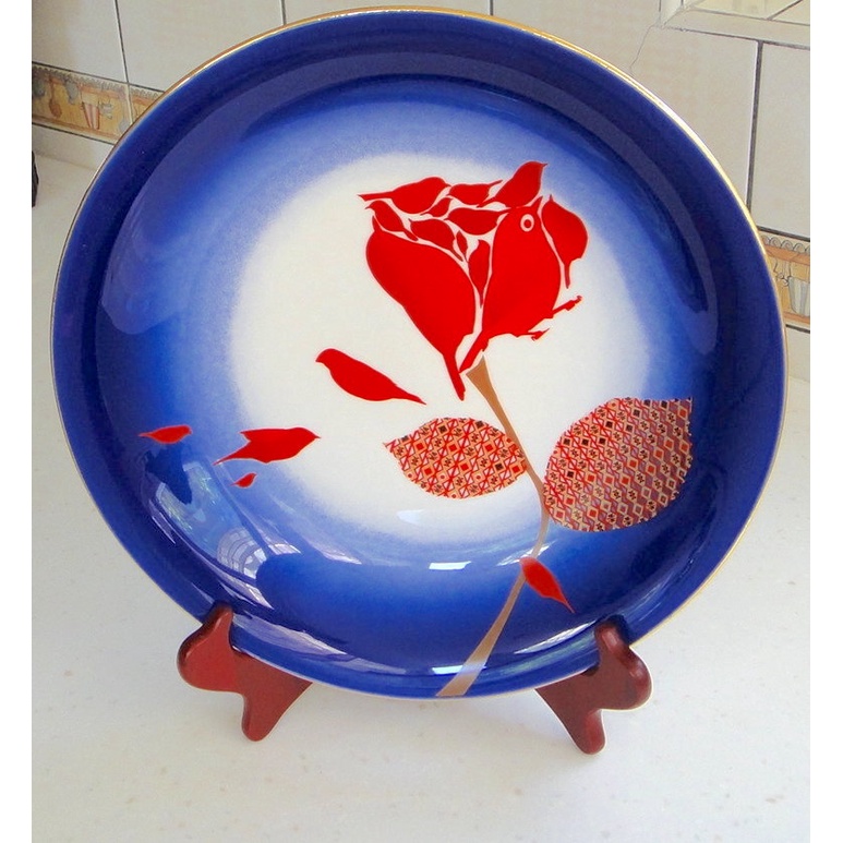 玫瑰花 花中鳥 厚 瓷盤 立畫 或 餐盤 +琉璃工房筆筒/小花瓶