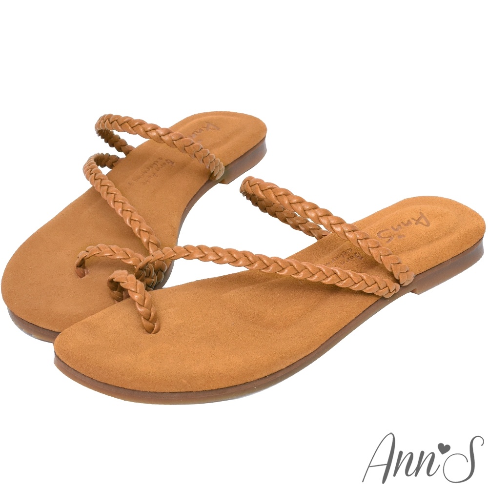 Ann’S水洗牛皮-悠閒時空套拇指編織平底涼鞋-棕
