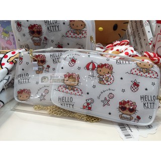日本SANRIO三麗鷗Hello Kitty凱蒂貓 夏季海邊游泳渡假風 PVC斜揹包手機包小物收納包 附太陽眼鏡吊飾