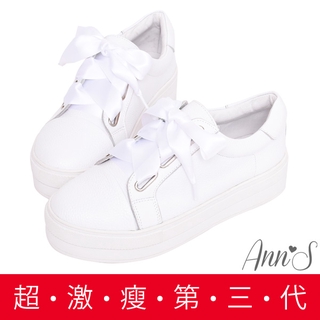 Ann’S激瘦第三代-寬版緞帶全真皮厚底小白鞋