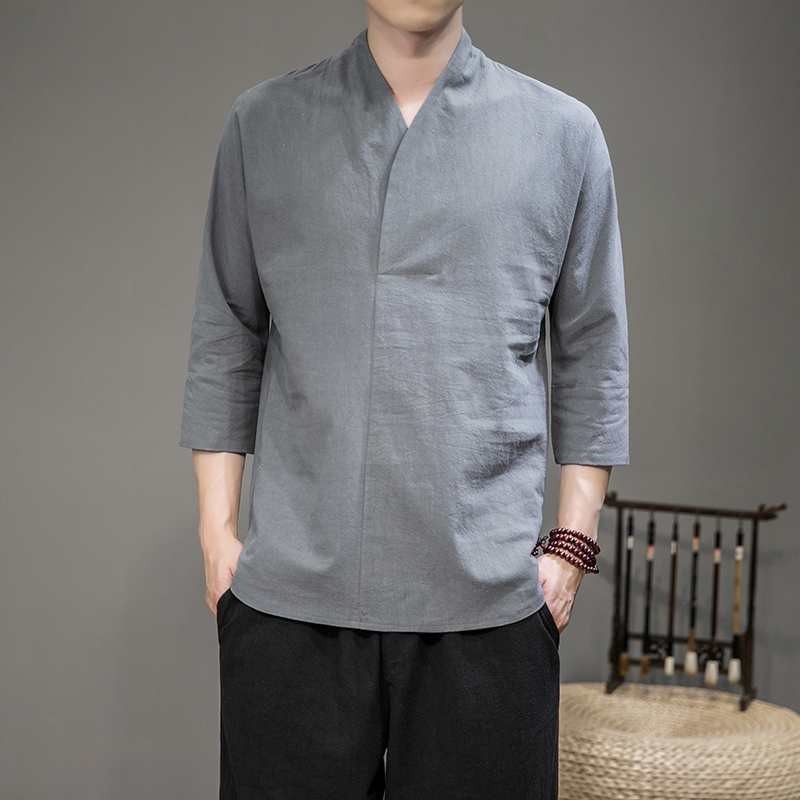 男士短袖T恤 M-5XL 寬鬆大尺碼亞麻上衣 中國風棉麻七分袖 上衣 現貨 男生衣著