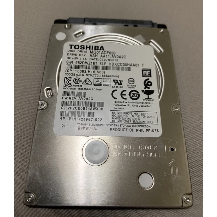 二手良品 TOSHIBA 東芝 2.5吋硬碟 500GB 7200轉