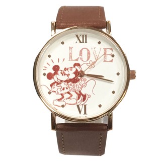 【Disney迪士尼】 米奇米妮LOVE玫瑰金皮帶手錶(棕色)