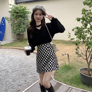 衛衣套裝女秋季新款設計感褶皺長袖上衣+棋格高腰半身a字裙兩件套