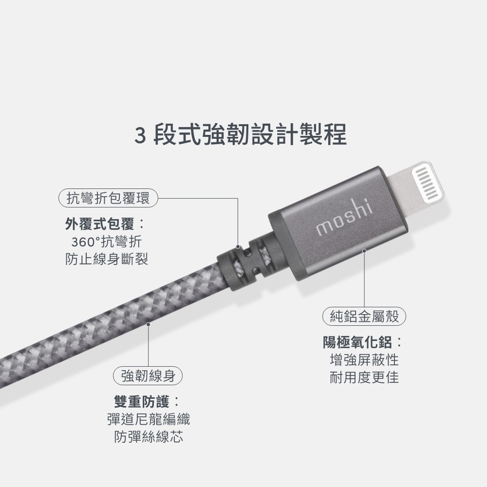 Moshi Integra 強韌系列 Type-C to Lightning Lightning MFi 蘋果認證 PD 快充 iPad 1.2M 充電線, 鈦灰