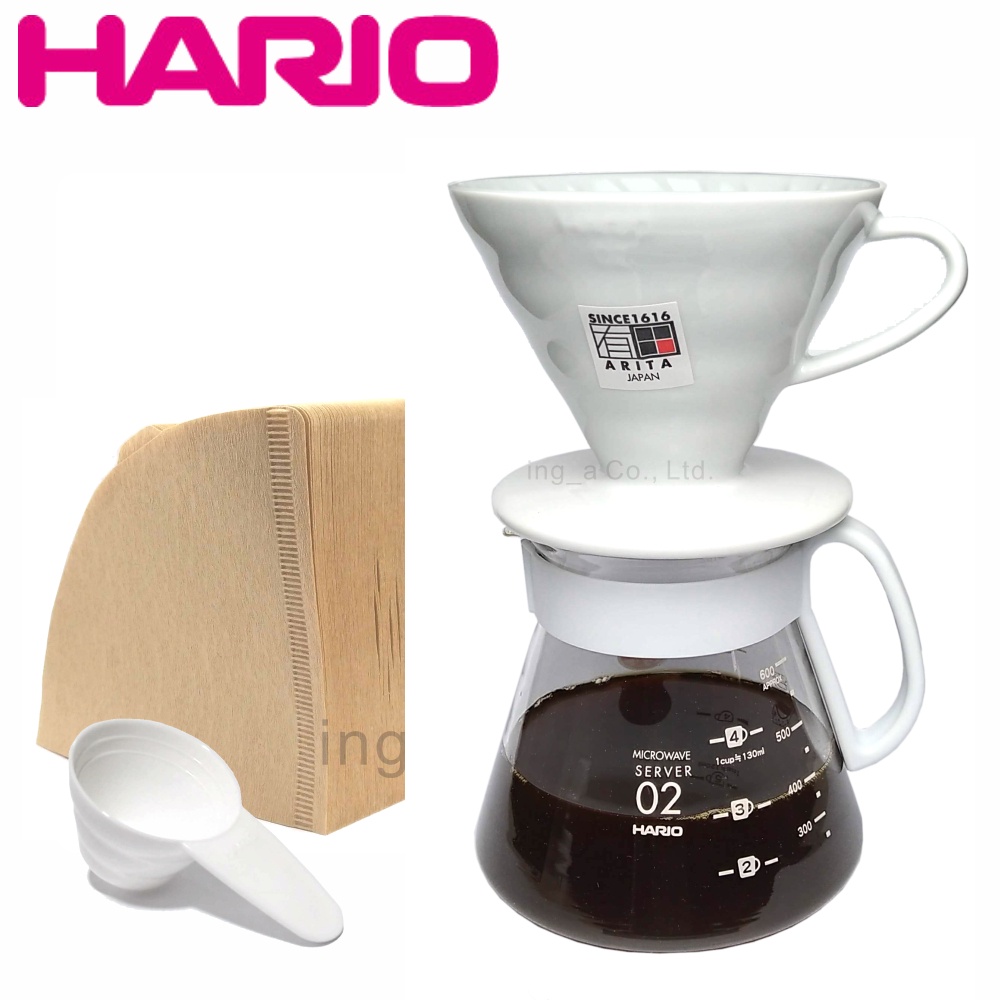 HARIO V60白色02陶瓷濾杯咖啡壺禮盒組(4人份) XVDD-3012W, 陶瓷濾杯、咖啡壺、無漂白濾紙，日本製