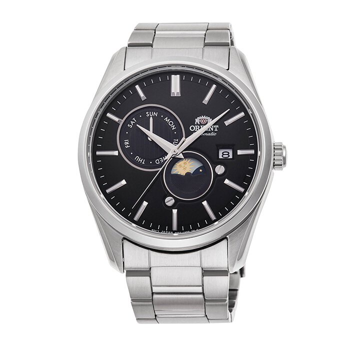 東方錶 ORIENT 日月相系列不鏽鋼黑面機械錶 RA-AK0307B 41.5mm 藍寶石鏡面 台灣公司貨