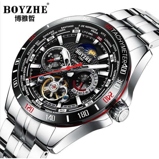 【潮裡潮氣】BOYZHE品牌瑞士全自動機械表精鋼錶帶夜光防水時尚運動男士手錶WL025G