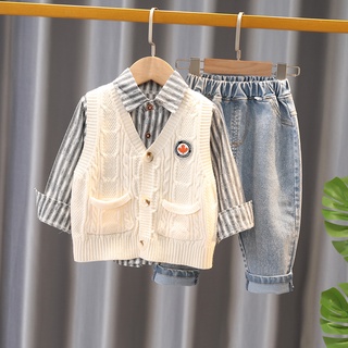 兒童設計師衣服男嬰衣服韓版時尚套裝楓葉毛衣三件套