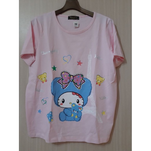 粉色 Hello Kitty 與熊 巴黎鐵塔之晶亮仿皮紋短袖T恤