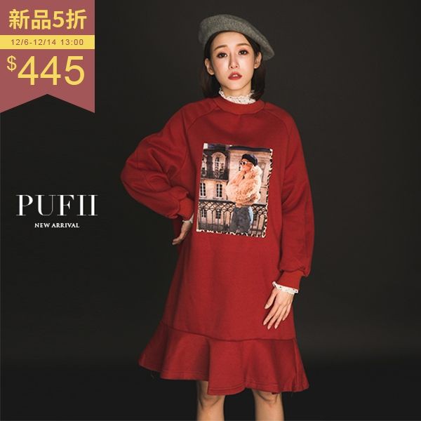 轉賣 PUFII~墨鏡女郎印圖保暖內磨毛魚尾連身裙洋裝 紅色