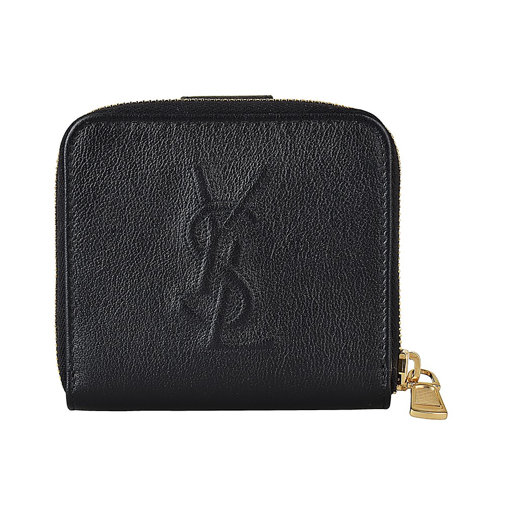 YSL SAINT LAURENT Belle de Jour 縫線LOGO 6卡牛皮拉鍊釦式短夾(黑)