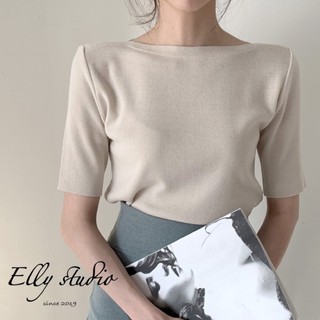 【Elly.Studio】❤️現貨❤️氣質五分袖針織上衣(杏/黑/粉)春秋必備單品~修身彈性好上衣女