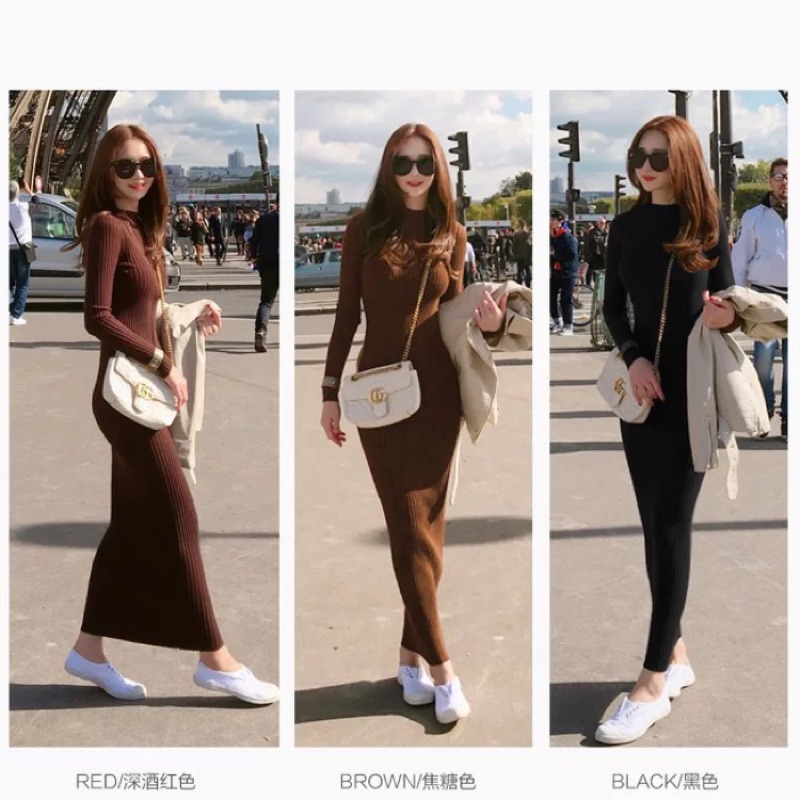 超顯氣質毛衣連身長裙修身160也有168的視覺效果 蝦皮購物