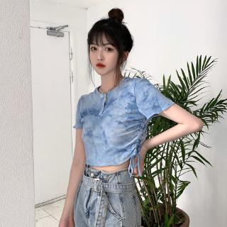 短袖T恤 札染個性設計短版顯瘦上衣夏季新款韓版藍色紮染繫帶褶皺短袖T 女網紅短版內搭衫上衣