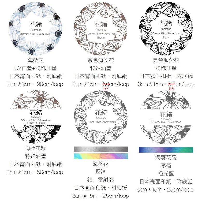 優米 循環分裝默代誌紙膠帶花緒海葵花夏末清新白墨特油多色燙金花葉自帶離型紙台灣原創台灣自己印承製