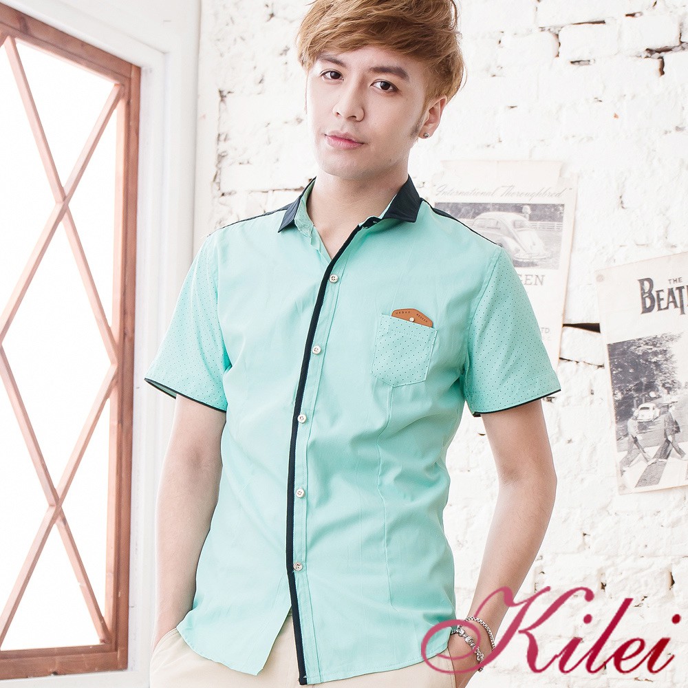 【Kilei】點點風撞色混搭襯衫XA1462(時尚藍綠)賠售特價